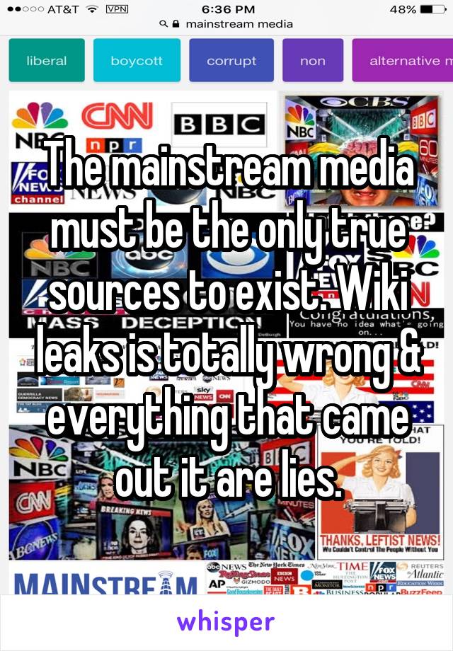 The mainstream media must be the only true sources to exist. Wiki leaks is totally wrong & everything that came out it are lies.