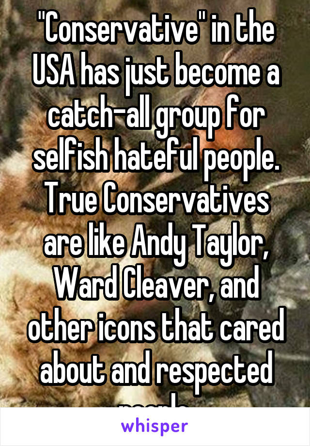 "Conservative" in the USA has just become a catch-all group for selfish hateful people.
True Conservatives are like Andy Taylor, Ward Cleaver, and other icons that cared about and respected people.