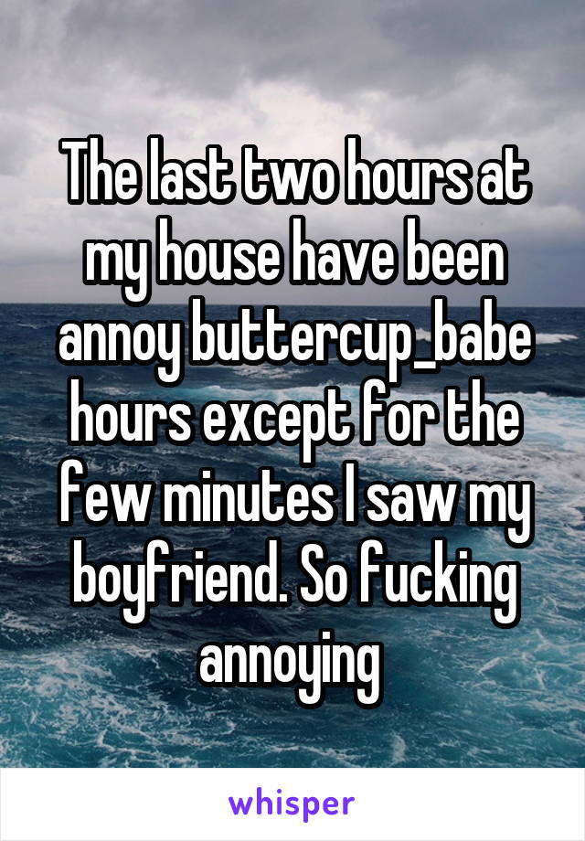 The last two hours at my house have been annoy buttercup_babe hours except for the few minutes I saw my boyfriend. So fucking annoying 