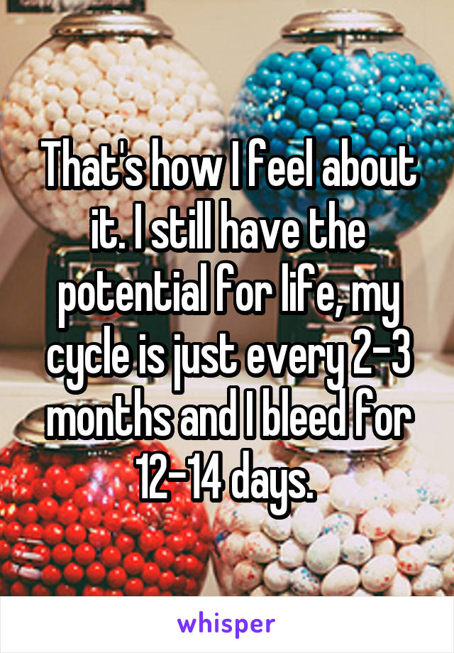 That's how I feel about it. I still have the potential for life, my cycle is just every 2-3 months and I bleed for 12-14 days. 