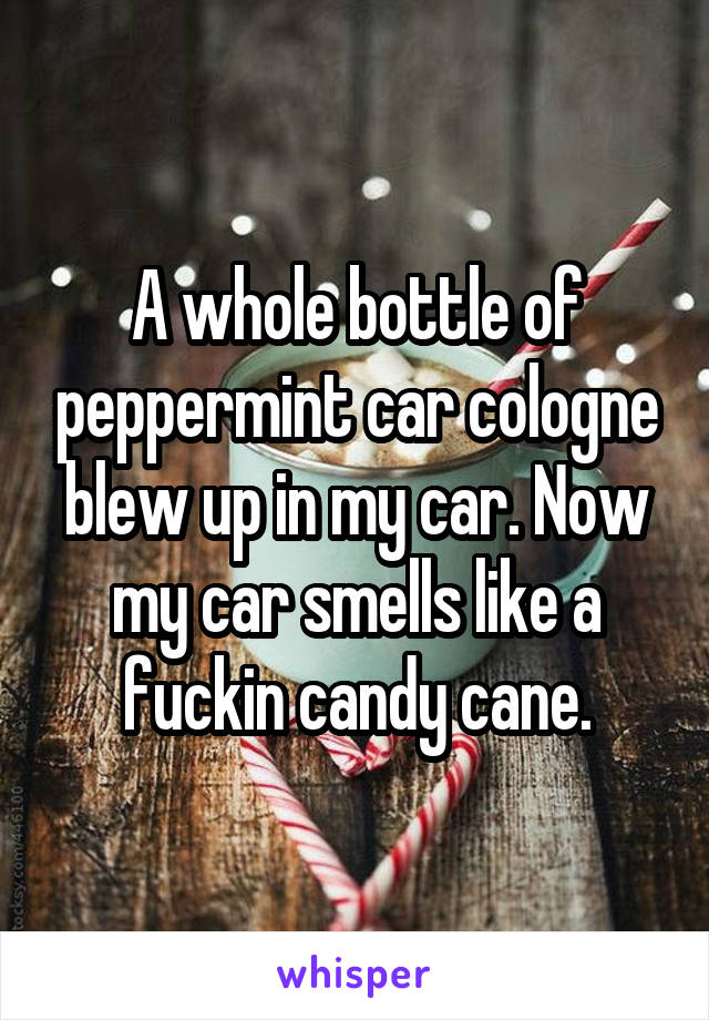 A whole bottle of peppermint car cologne blew up in my car. Now my car smells like a fuckin candy cane.