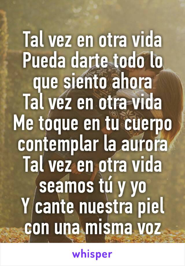 Tal vez en otra vida
Pueda darte todo lo que siento ahora
Tal vez en otra vida
Me toque en tu cuerpo contemplar la aurora
Tal vez en otra vida seamos tú y yo
Y cante nuestra piel con una misma voz