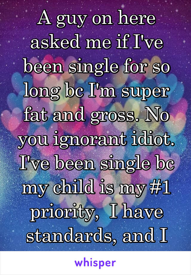 A guy on here asked me if I've been single for so long bc I'm super fat and gross. No you ignorant idiot. I've been single bc my child is my #1 priority,  I have standards, and I won't settle!