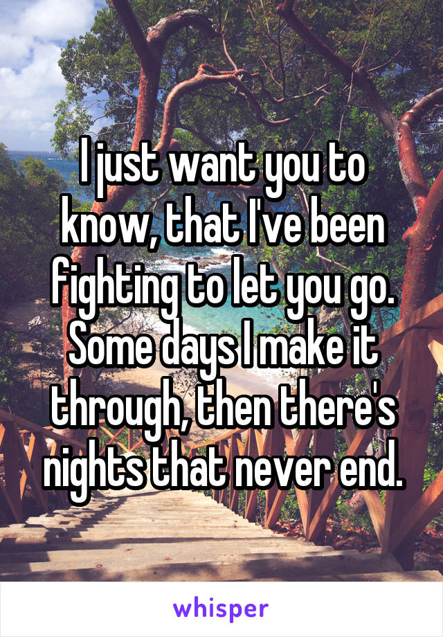 I just want you to know, that I've been fighting to let you go. Some days I make it through, then there's nights that never end.