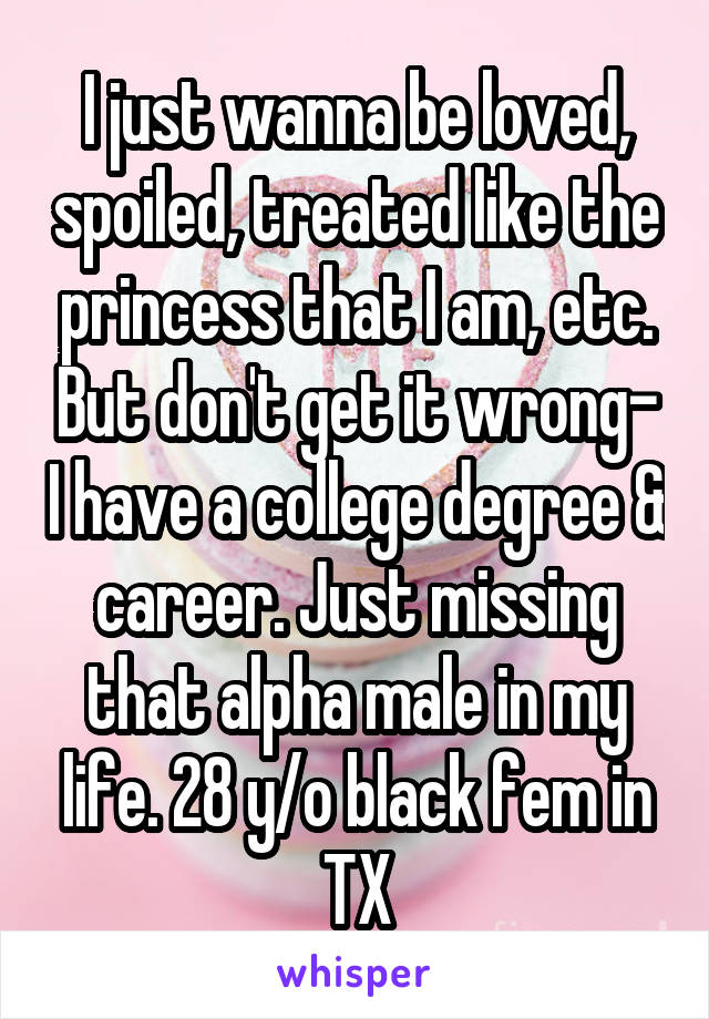 I just wanna be loved, spoiled, treated like the princess that I am, etc. But don't get it wrong- I have a college degree & career. Just missing that alpha male in my life. 28 y/o black fem in TX