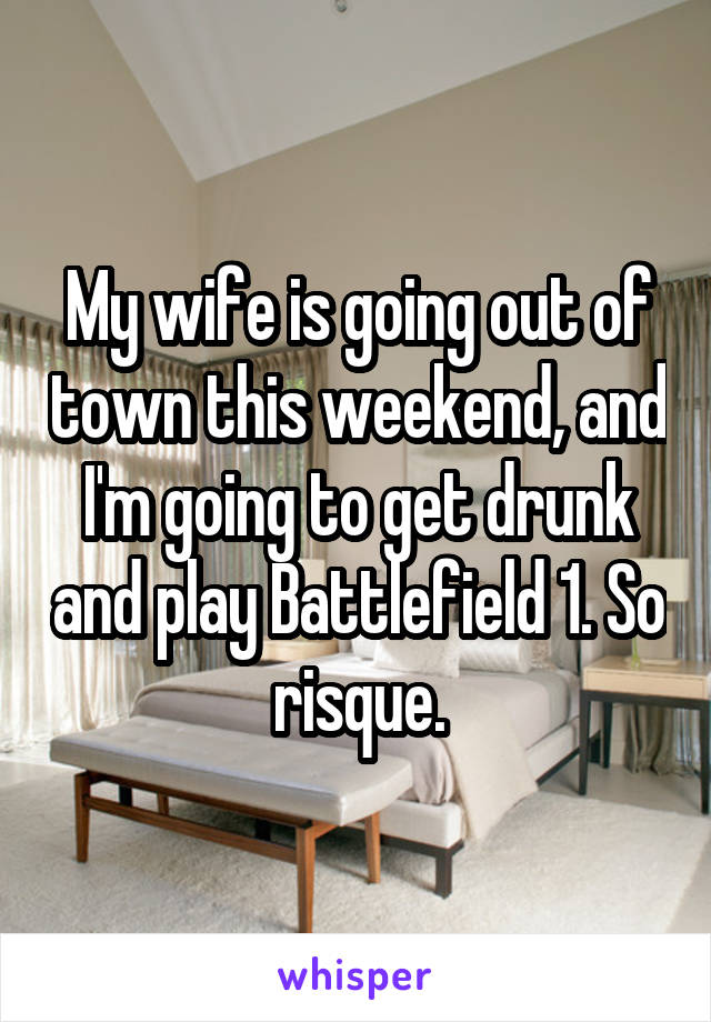 My wife is going out of town this weekend, and I'm going to get drunk and play Battlefield 1. So risque.