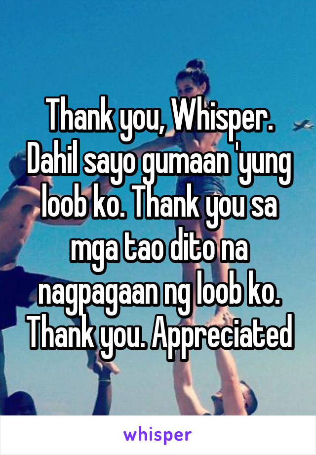 Thank you, Whisper. Dahil sayo gumaan 'yung loob ko. Thank you sa mga tao dito na nagpagaan ng loob ko. Thank you. Appreciated