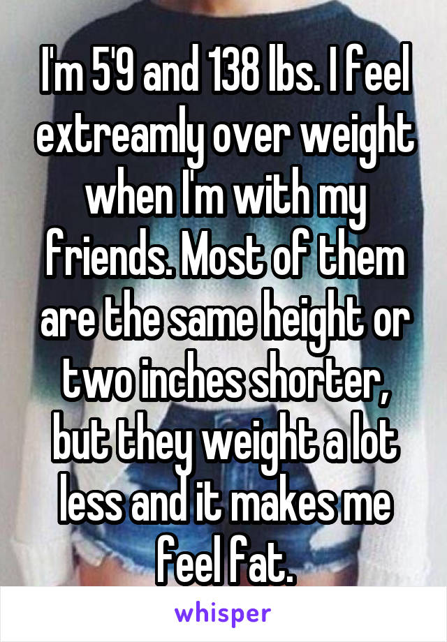 I'm 5'9 and 138 lbs. I feel extreamly over weight when I'm with my friends. Most of them are the same height or two inches shorter, but they weight a lot less and it makes me feel fat.