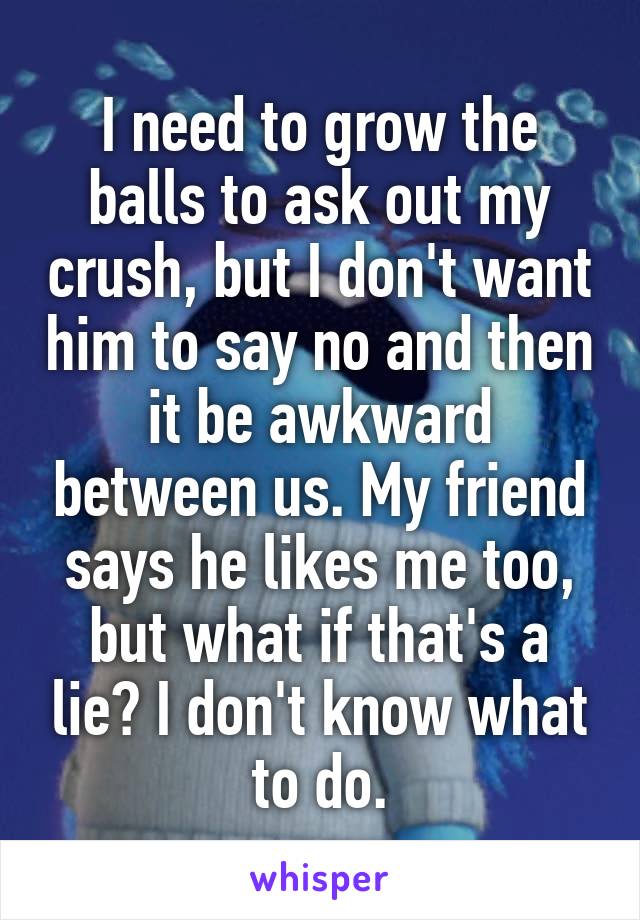 I need to grow the balls to ask out my crush, but I don't want him to say no and then it be awkward between us. My friend says he likes me too, but what if that's a lie? I don't know what to do.