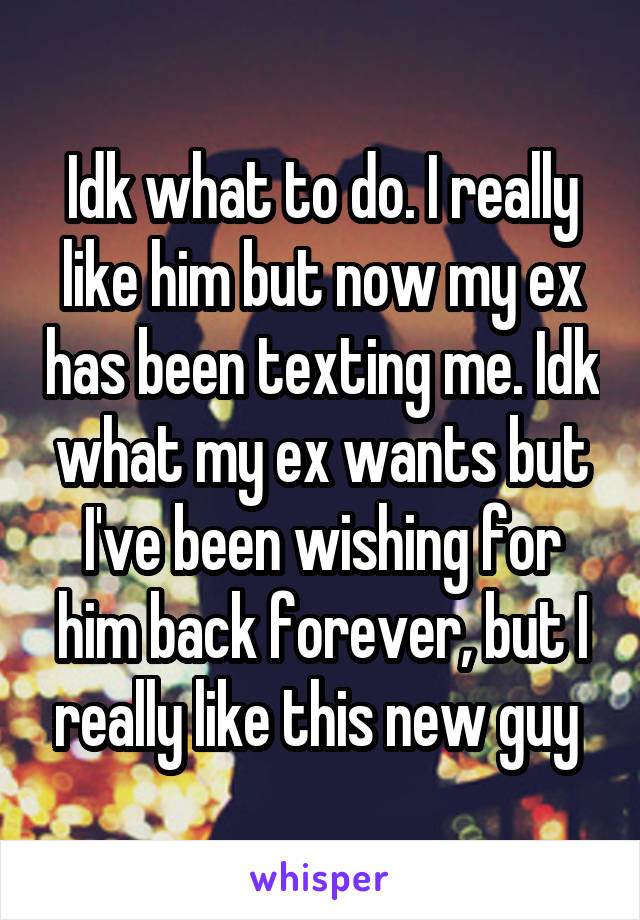 Idk what to do. I really like him but now my ex has been texting me. Idk what my ex wants but I've been wishing for him back forever, but I really like this new guy 