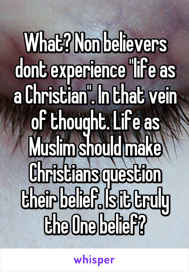 What? Non believers dont experience "life as a Christian". In that vein of thought. Life as Muslim should make Christians question their belief. Is it truly the One belief?