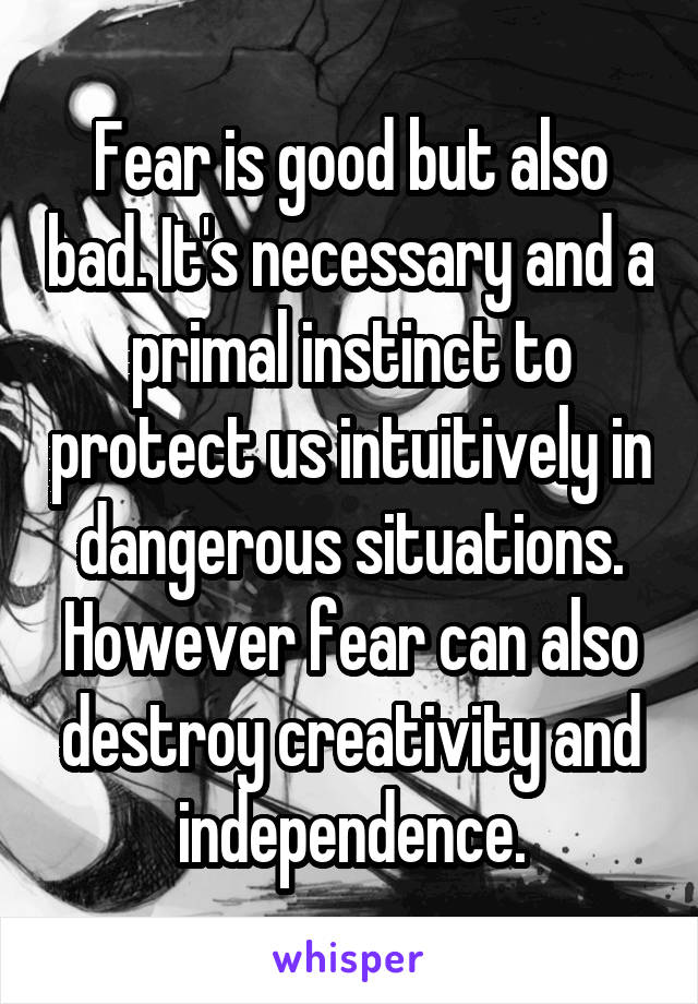 Fear is good but also bad. It's necessary and a primal instinct to protect us intuitively in dangerous situations. However fear can also destroy creativity and independence.