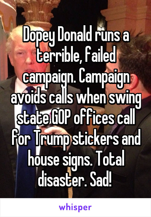 Dopey Donald runs a terrible, failed campaign. Campaign avoids calls when swing state GOP offices call for Trump stickers and house signs. Total disaster. Sad! 