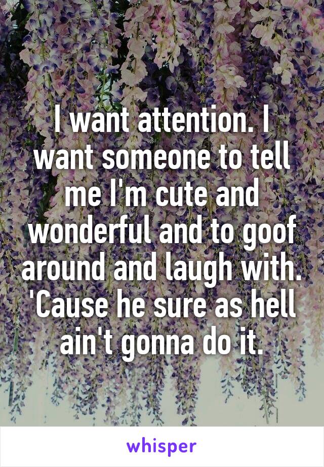 I want attention. I want someone to tell me I'm cute and wonderful and to goof around and laugh with. 'Cause he sure as hell ain't gonna do it.