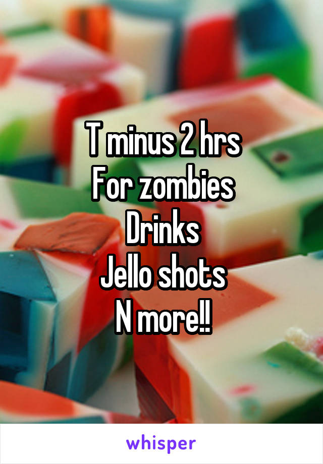 T minus 2 hrs
For zombies
Drinks
Jello shots
N more!!