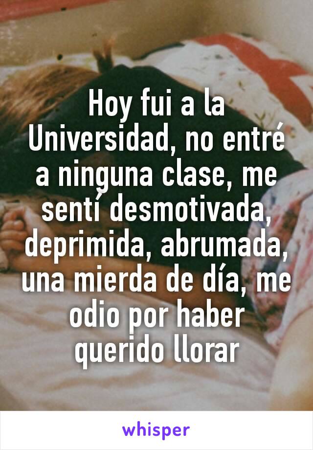 Hoy fui a la Universidad, no entré a ninguna clase, me sentí desmotivada, deprimida, abrumada, una mierda de día, me odio por haber querido llorar