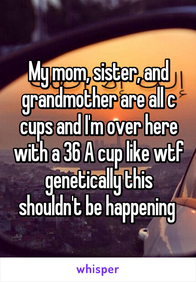 My mom, sister, and grandmother are all c cups and I'm over here with a 36 A cup like wtf genetically this shouldn't be happening 