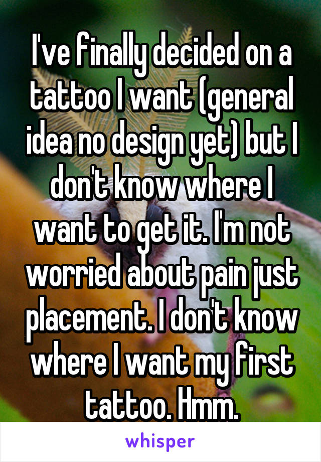 I've finally decided on a tattoo I want (general idea no design yet) but I don't know where I want to get it. I'm not worried about pain just placement. I don't know where I want my first tattoo. Hmm.