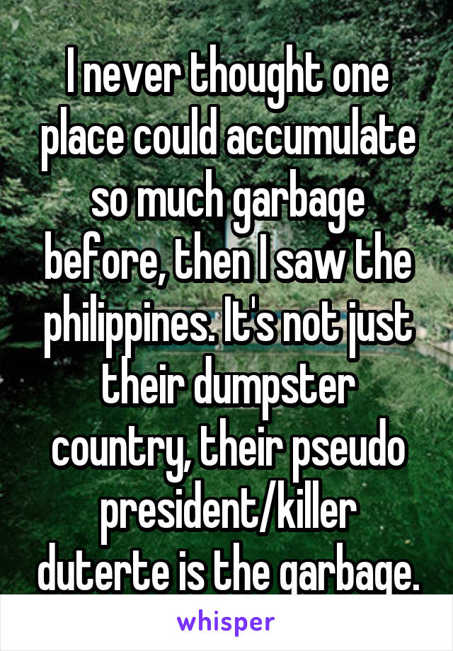 I never thought one place could accumulate so much garbage before, then I saw the philippines. It's not just their dumpster country, their pseudo president/killer duterte is the garbage.