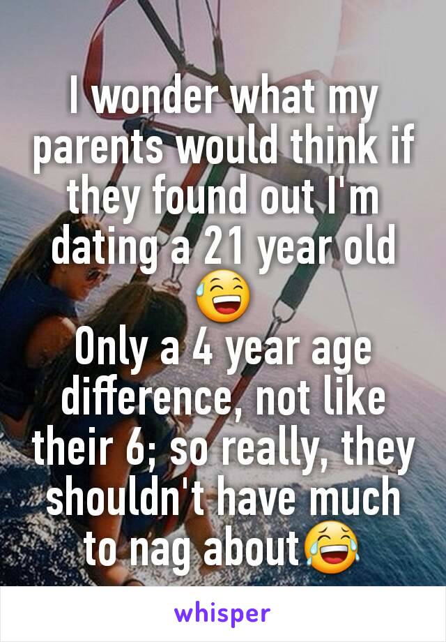 I wonder what my parents would think if they found out I'm dating a 21 year old😅
Only a 4 year age difference, not like their 6; so really, they shouldn't have much to nag about😂