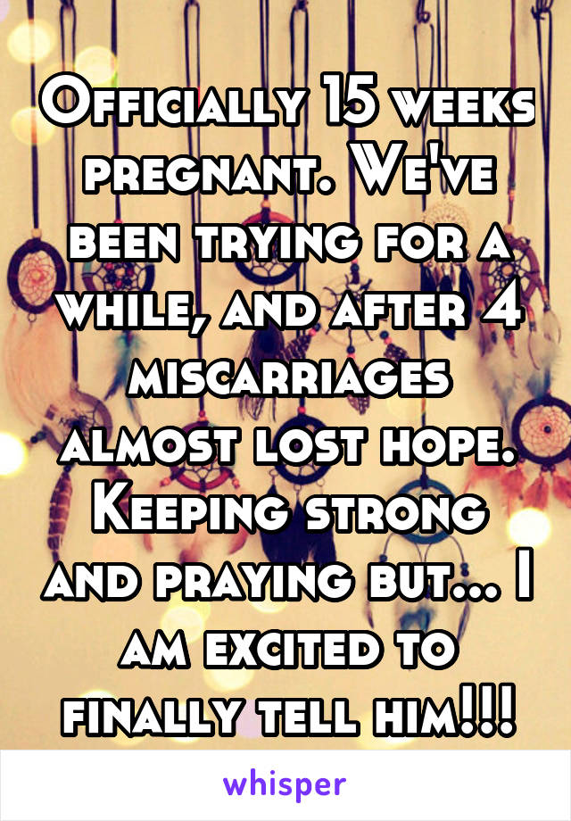 Officially 15 weeks pregnant. We've been trying for a while, and after 4 miscarriages almost lost hope. Keeping strong and praying but... I am excited to finally tell him!!!