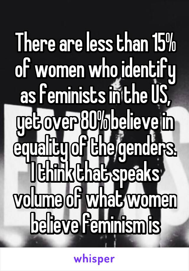 There are less than 15% of women who identify as feminists in the US, yet over 80% believe in equality of the genders.
I think that speaks volume of what women believe feminism is