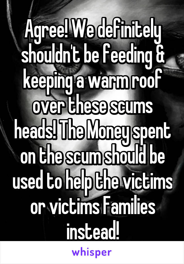 Agree! We definitely shouldn't be feeding & keeping a warm roof over these scums heads! The Money spent on the scum should be used to help the victims or victims Families instead!