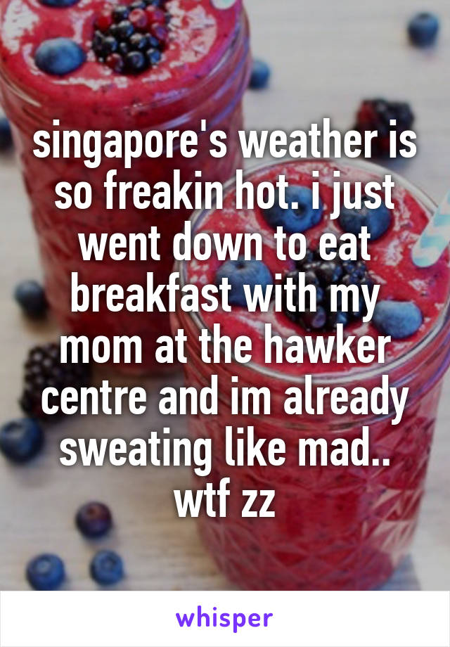 singapore's weather is so freakin hot. i just went down to eat breakfast with my mom at the hawker centre and im already sweating like mad.. wtf zz