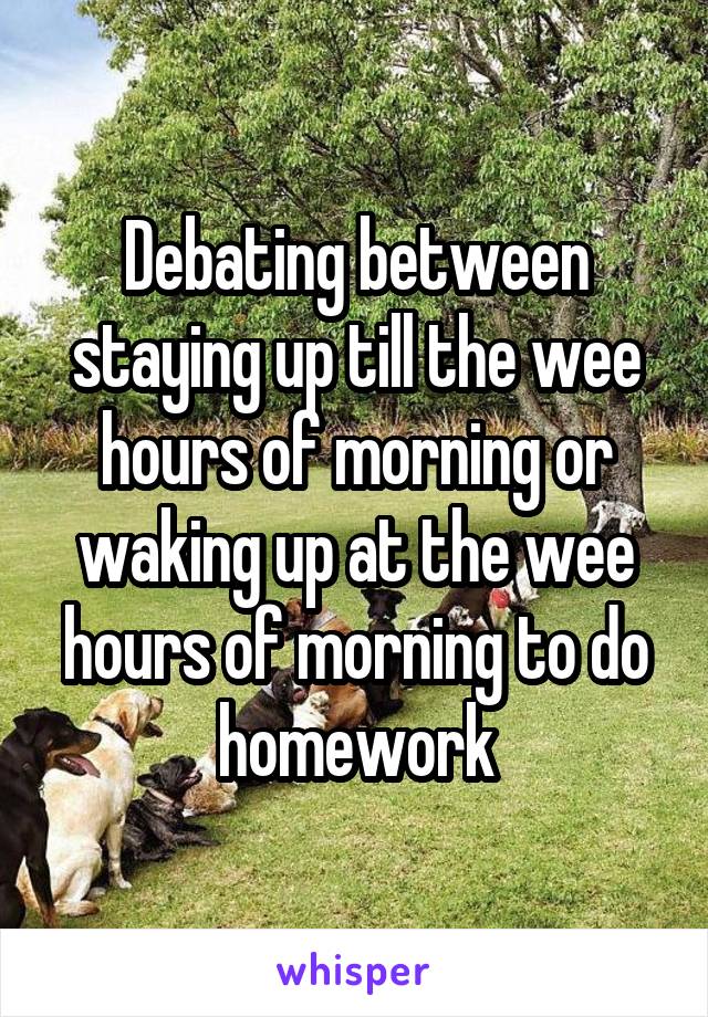 Debating between staying up till the wee hours of morning or waking up at the wee hours of morning to do homework