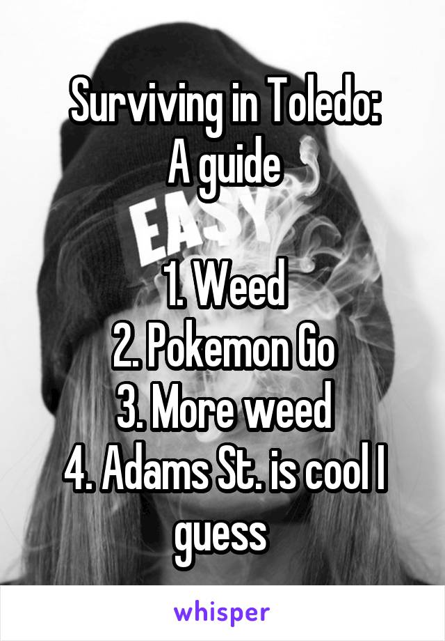 Surviving in Toledo:
A guide

1. Weed
2. Pokemon Go
3. More weed
4. Adams St. is cool I guess 