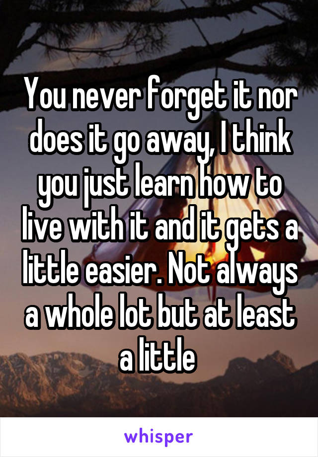 You never forget it nor does it go away, I think you just learn how to live with it and it gets a little easier. Not always a whole lot but at least a little 