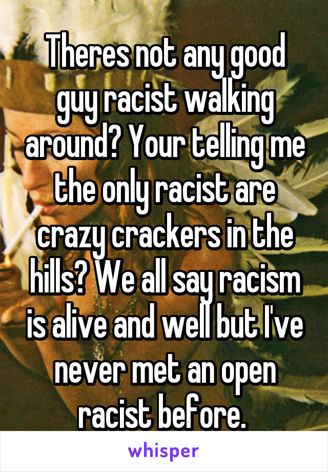 Theres not any good guy racist walking around? Your telling me the only racist are crazy crackers in the hills? We all say racism is alive and well but I've never met an open racist before. 