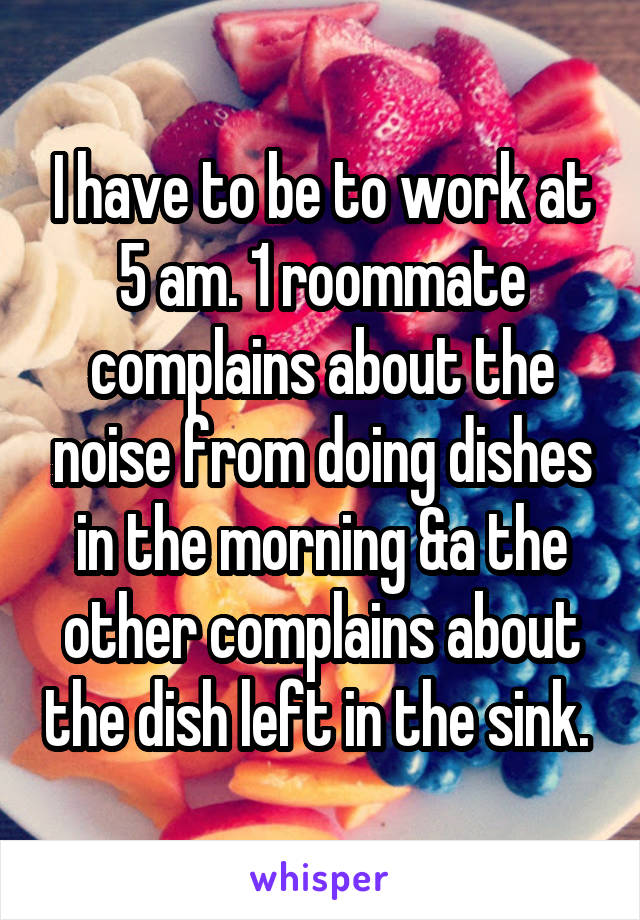 I have to be to work at 5 am. 1 roommate complains about the noise from doing dishes in the morning &a the other complains about the dish left in the sink. 