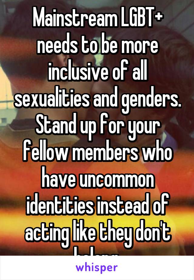 Mainstream LGBT+ needs to be more inclusive of all sexualities and genders. Stand up for your fellow members who have uncommon identities instead of acting like they don't belong 