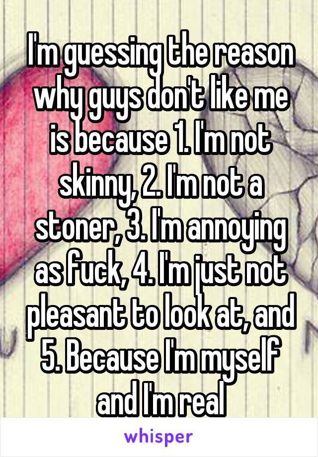 I'm guessing the reason why guys don't like me is because 1. I'm not skinny, 2. I'm not a stoner, 3. I'm annoying as fuck, 4. I'm just not pleasant to look at, and 5. Because I'm myself and I'm real