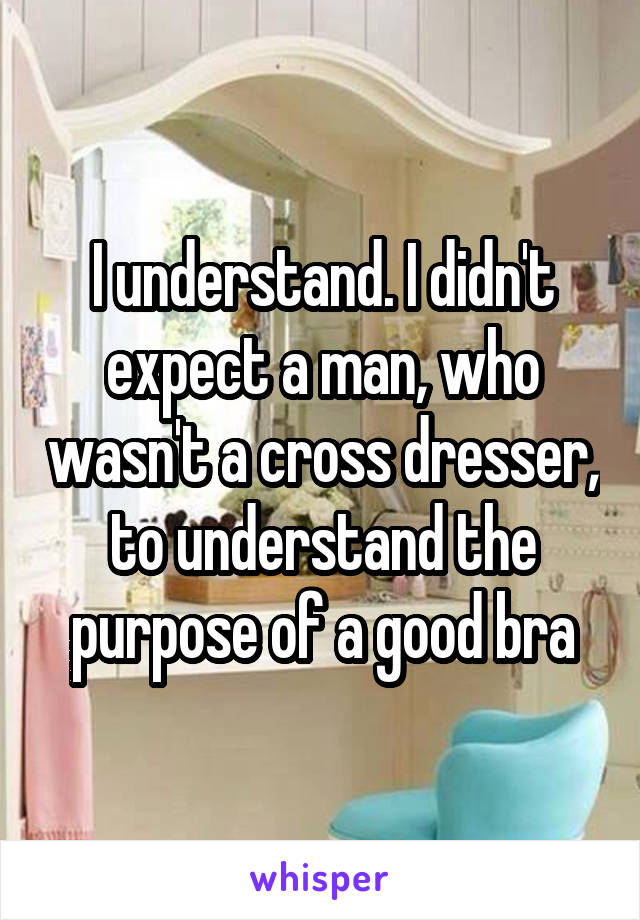 I understand. I didn't expect a man, who wasn't a cross dresser, to understand the purpose of a good bra