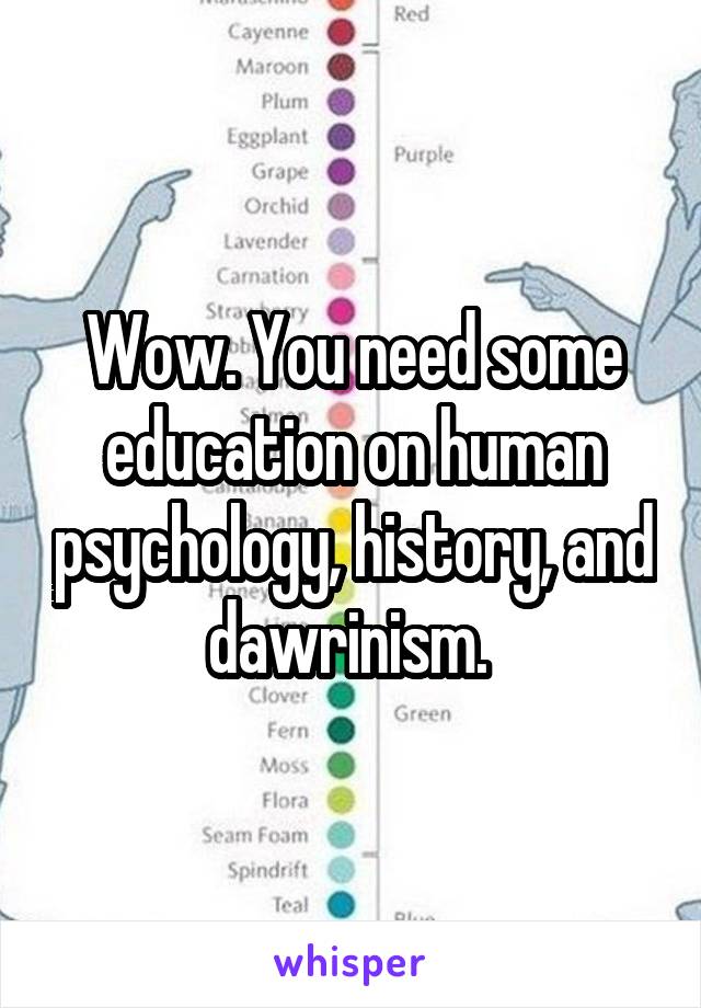 Wow. You need some education on human psychology, history, and dawrinism. 