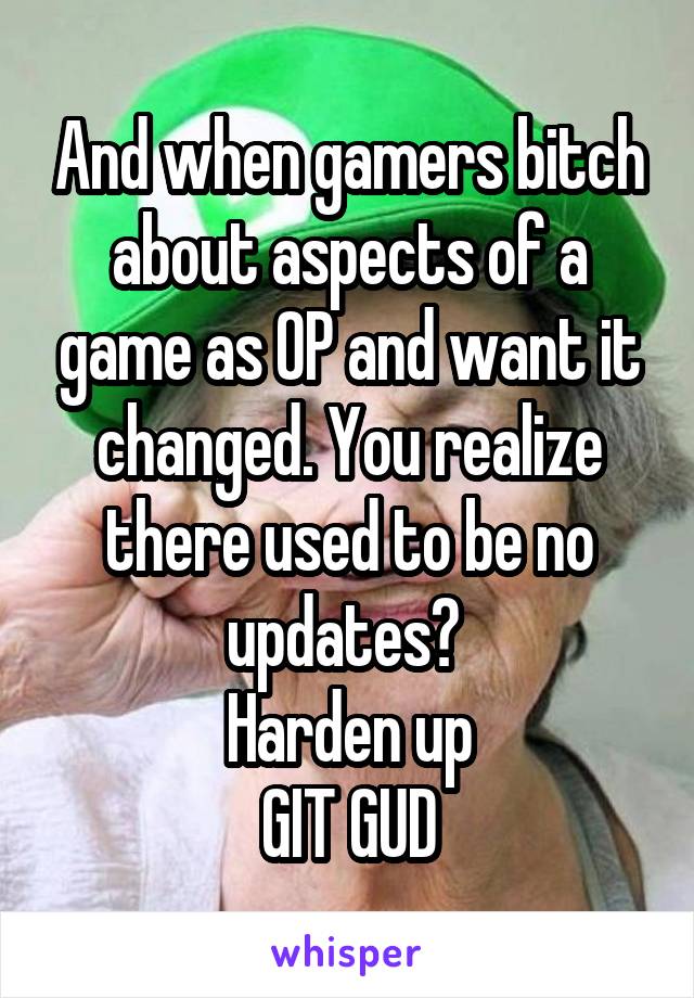 And when gamers bitch about aspects of a game as OP and want it changed. You realize there used to be no updates? 
Harden up
GIT GUD