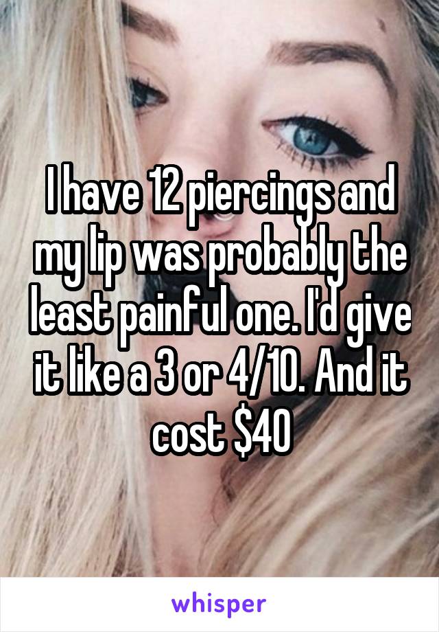 I have 12 piercings and my lip was probably the least painful one. I'd give it like a 3 or 4/10. And it cost $40