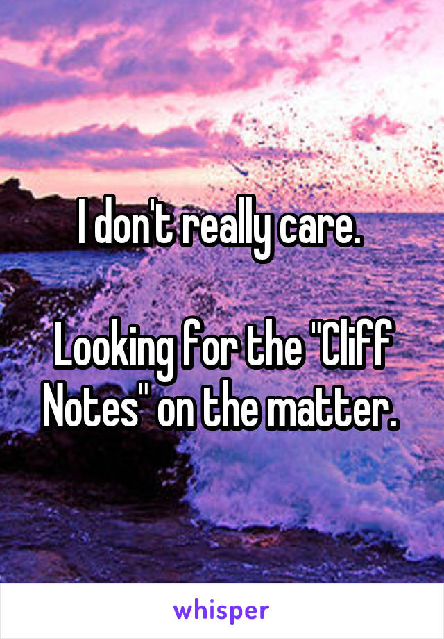 I don't really care. 

Looking for the "Cliff Notes" on the matter. 