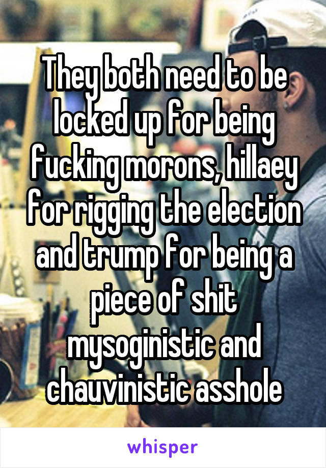 They both need to be locked up for being fucking morons, hillaey for rigging the election and trump for being a piece of shit mysoginistic and chauvinistic asshole