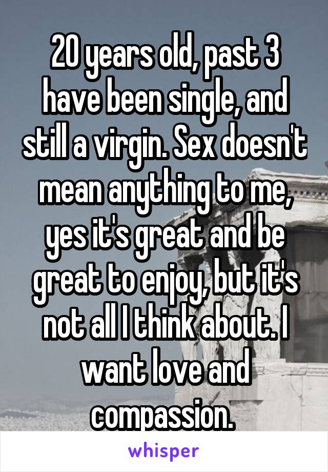 20 years old, past 3 have been single, and still a virgin. Sex doesn't mean anything to me, yes it's great and be great to enjoy, but it's not all I think about. I want love and compassion. 