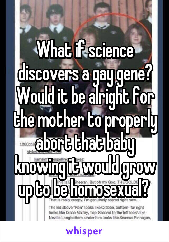 What if science discovers a gay gene? Would it be alright for the mother to properly abort that baby knowing it would grow up to be homosexual? 