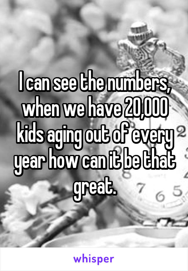 I can see the numbers, when we have 20,000 kids aging out of every year how can it be that great.