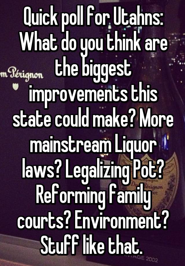 Quick poll for Utahns: What do you think are the biggest improvements this state could make? More mainstream Liquor laws? Legalizing Pot? Reforming family courts? Environment? Stuff like that. 