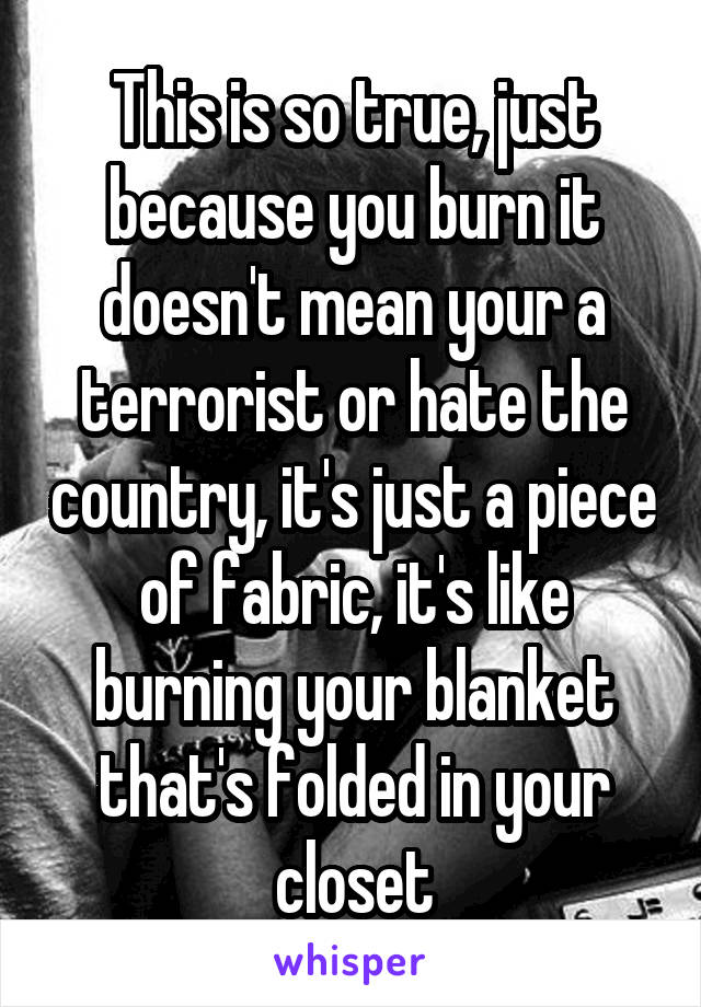 This is so true, just because you burn it doesn't mean your a terrorist or hate the country, it's just a piece of fabric, it's like burning your blanket that's folded in your closet