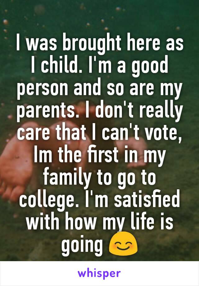 I was brought here as I child. I'm a good person and so are my parents. I don't really care that I can't vote, Im the first in my family to go to college. I'm satisfied with how my life is going 😊