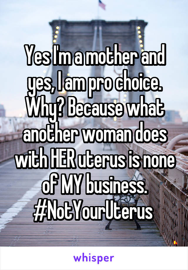 Yes I'm a mother and yes, I am pro choice. Why? Because what another woman does with HER uterus is none of MY business. #NotYourUterus 