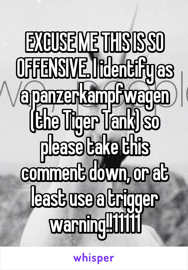 EXCUSE ME THIS IS SO OFFENSIVE. I identify as a panzerkampfwagen (the Tiger Tank) so please take this comment down, or at least use a trigger warning!!11111