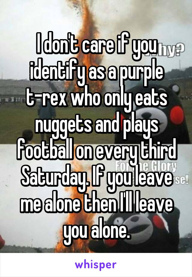 I don't care if you identify as a purple t-rex who only eats nuggets and plays football on every third Saturday. If you leave me alone then I'll leave you alone.